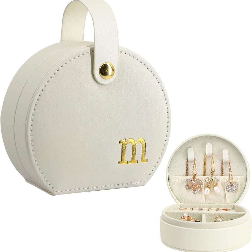 Travel Jewelry Case, Elegant Half-Moon Design with Gold Monogram, Detachable Han
